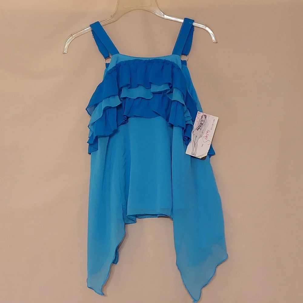 D-Signed Blue Layered Ruffle Front Asymmetrical Hem Top - Picture 2 of 7